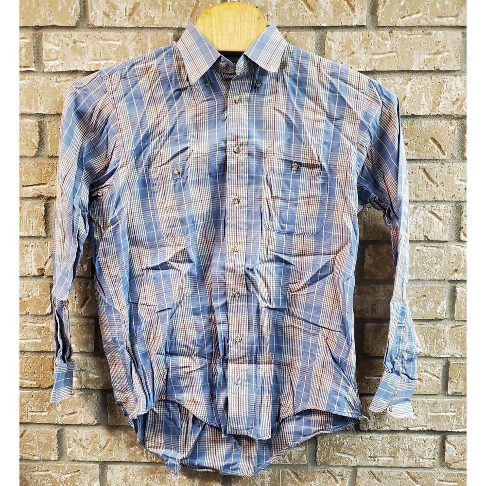 Burberrys Long Sleeve Button Shirt Men Large L Blue White Plaid Made‎ in USA